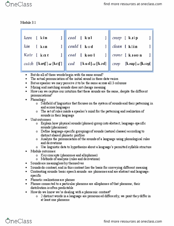 LING 1150 Chapter Notes - Chapter 3: Phenome, Phonological Rule, Allophone thumbnail