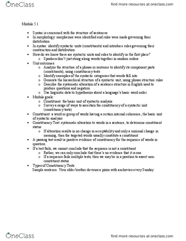 LING 1150 Chapter Notes - Chapter 5: Phrase Structure Rules, Inflection, Ditransitive Verb thumbnail