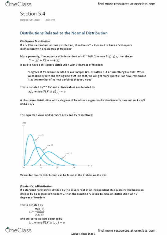 Statistical Sciences 2141A/B Lecture Notes - Lecture 20: Normal Distribution, Chi Distribution, Gamma Distribution thumbnail