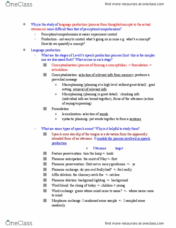 BCS 152 Lecture Notes - Lecture 7: Speech Error, Language Production, Perseveration thumbnail