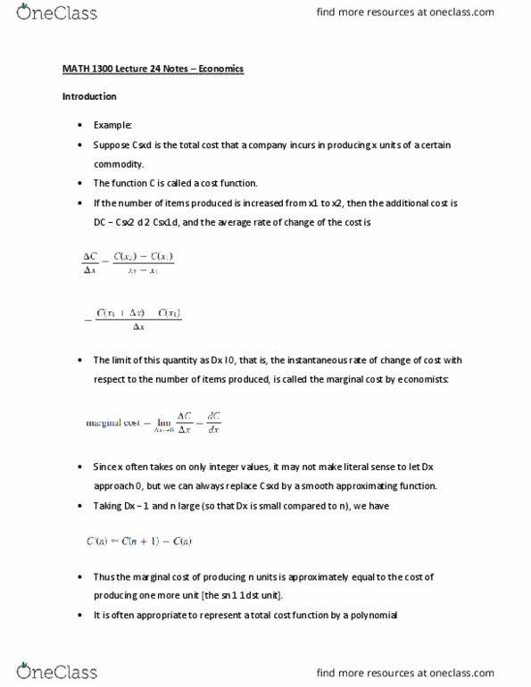 MATH 1300 Lecture Notes - Lecture 24: Marginal Cost, Differential Calculus, Molecularity cover image
