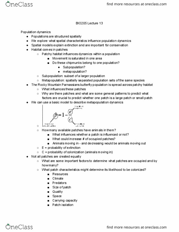 BIO205H5 Lecture Notes - Lecture 13: Metapopulation, Spatial Analysis, Carrying Capacity thumbnail