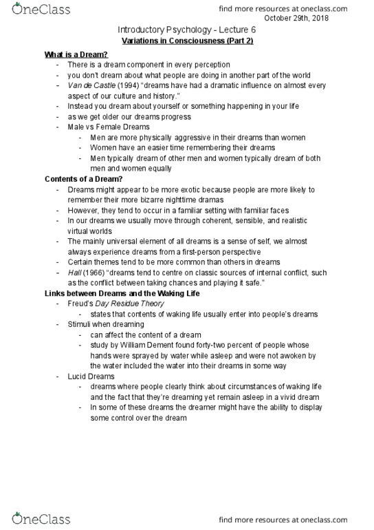 PSYC 1010 Lecture Notes - Lecture 6: Lucid Dream, William C. Dement, Waking Life thumbnail