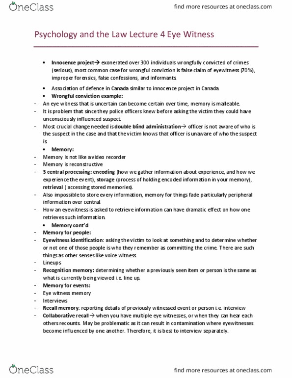 PSY328H1 Lecture Notes - Lecture 4: Eyewitness Identification, Innocence Project, Miscarriage Of Justice thumbnail