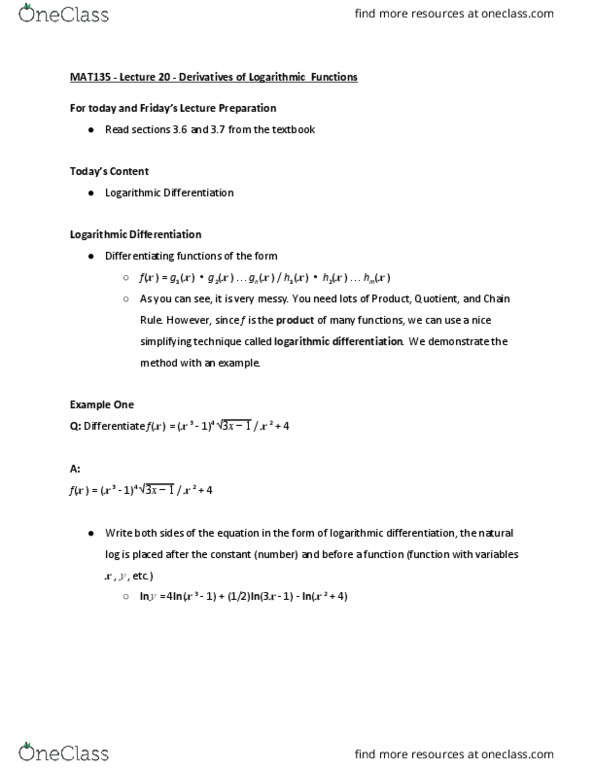 MAT135H1 Lecture Notes - Lecture 21: Logarithmic Differentiation thumbnail