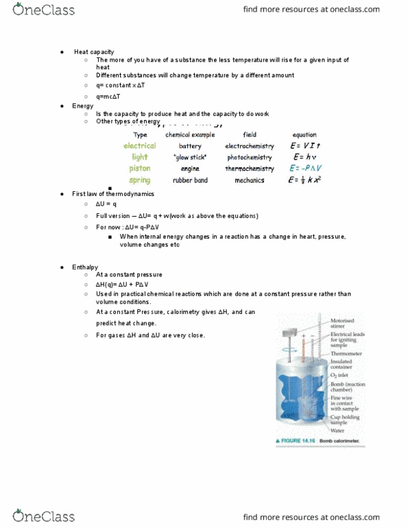 CHEM101 Lecture Notes - Lecture 15: Heat Capacity, Enthalpy thumbnail