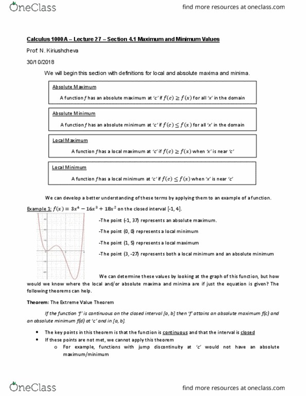 Calculus 1000A/B Lecture Notes - Lecture 27: Maxima And Minima, Classification Of Discontinuities thumbnail