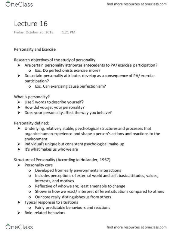 Kinesiology 2276F/G Lecture Notes - Lecture 16: Neuroticism, Big Five Personality Traits, 16Pf Questionnaire thumbnail
