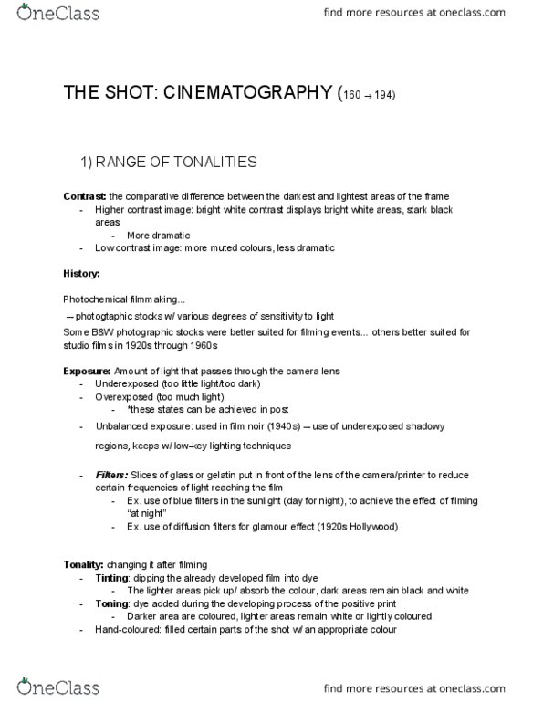 Film Studies 1022 Lecture Notes - Lecture 7: Film Stock, Tonality, Lowkey thumbnail