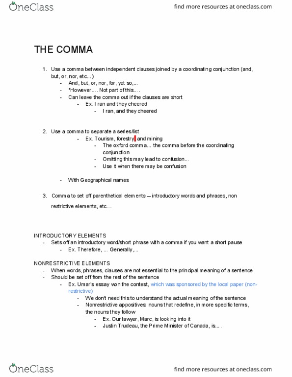 Writing 1031F/G Lecture Notes - Lecture 5: Serial Comma, Justin Trudeau thumbnail