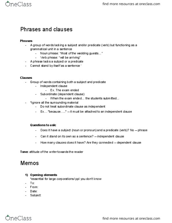 Writing 1031F/G Lecture Notes - Lecture 2: Verb Phrase, Noun Phrase, Independent Clause thumbnail