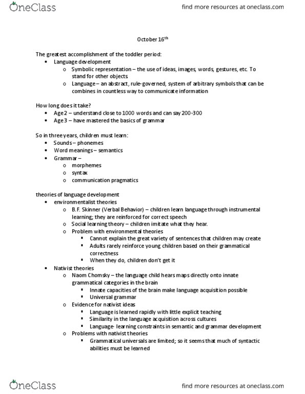 HDF 351 Lecture Notes - Lecture 13: Verbal Behavior, Language Development, Noam Chomsky thumbnail