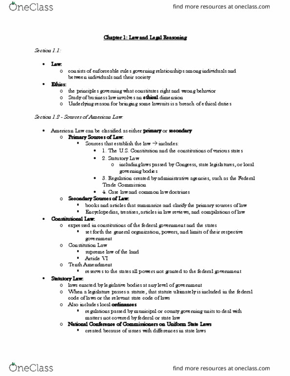 BA 30310 Chapter Notes - Chapter 1: Uniform Act, Regulatory Agency, Uniform Commercial Code thumbnail