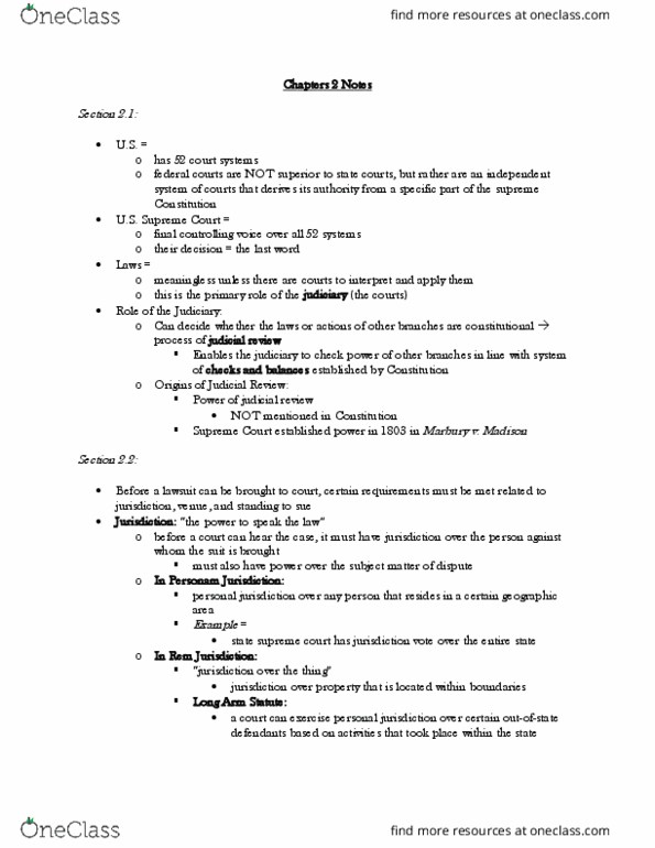 BA 30310 Chapter Notes - Chapter 2: Minimum Contacts, United States District Court thumbnail