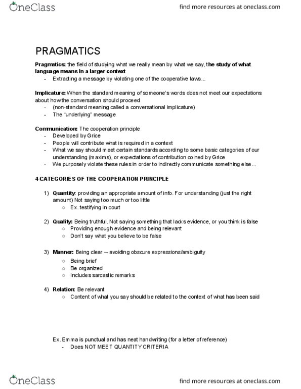 Philosophy 1200 Lecture Notes - Lecture 7: Implicature, Pragmatics thumbnail