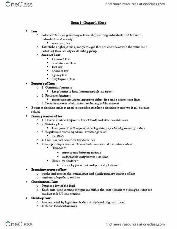 BA 30310 Chapter Notes - Chapter 2: Statutory Law, Law Of Agency, Legislature thumbnail