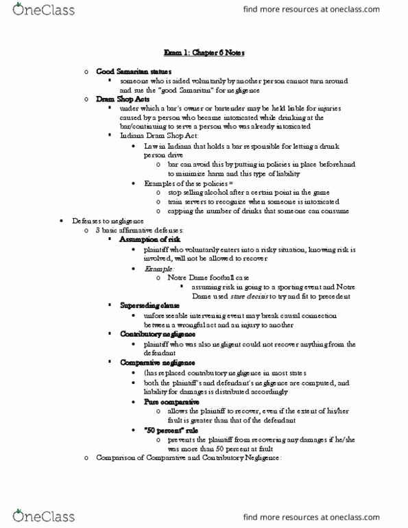 BA 30310 Chapter Notes - Chapter 6: Contributory Negligence, Precedent, Comparative Negligence thumbnail