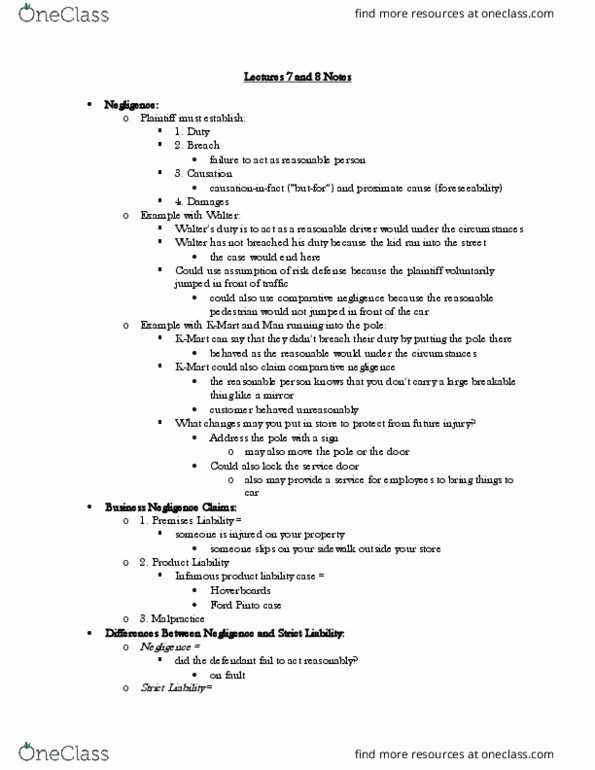 BA 30310 Lecture Notes - Lecture 7: Comparative Negligence, Kmart, Strict Liability thumbnail