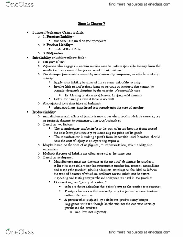 BA 30310 Chapter Notes - Chapter 7: Product Liability, Operating Expense thumbnail