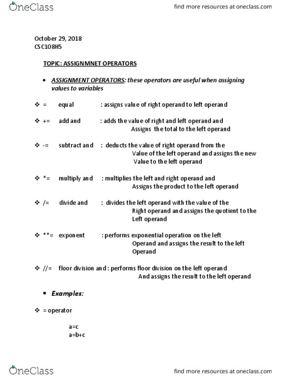 CSC108H5 Lecture Notes - Lecture 8: Operand, Exponentiation, Bitwise Operation cover image