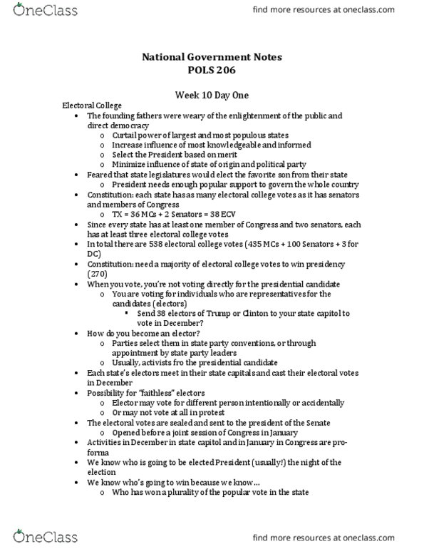 POLS 206 Lecture Notes - Lecture 12: Texas State Highway 36, Favorite Son, Pro Forma thumbnail