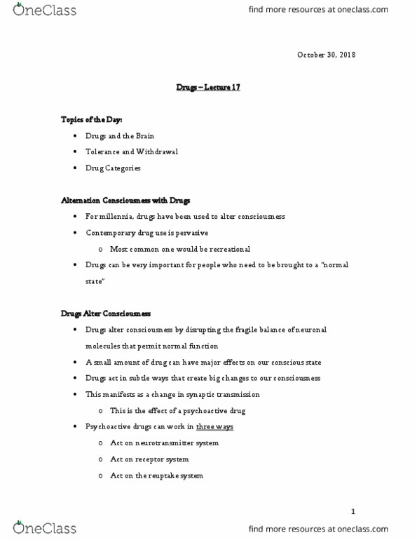 PSYO 1011 Lecture Notes - Lecture 17: Psychoactive Drug, Neurotransmitter, Reuptake thumbnail