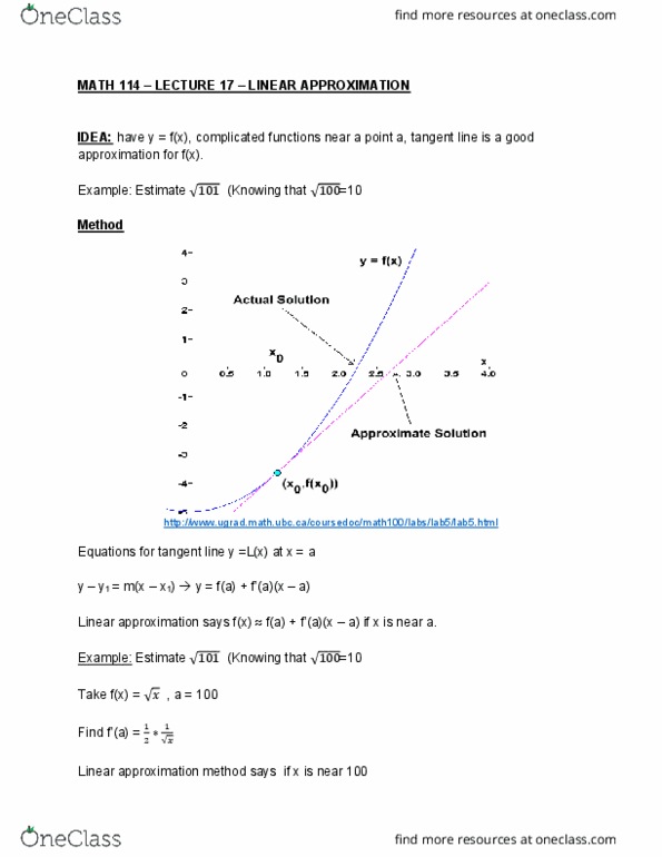 MATH114 Lecture Notes - Lecture 17: Linear Approximation, Lincoln Near-Earth Asteroid Research, Maxima And Minima cover image