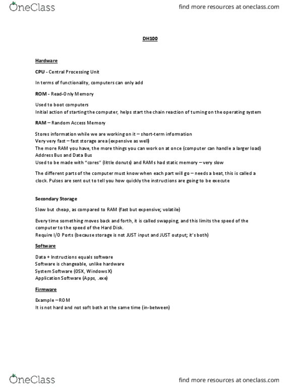 DH100 Lecture Notes - Lecture 1: Central Processing Unit, Nibble thumbnail