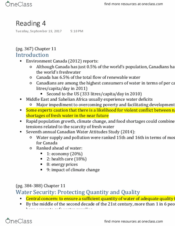 ENVS195 Chapter Notes - Chapter 11: Water Security, Water Scarcity, Environment And Climate Change Canada thumbnail
