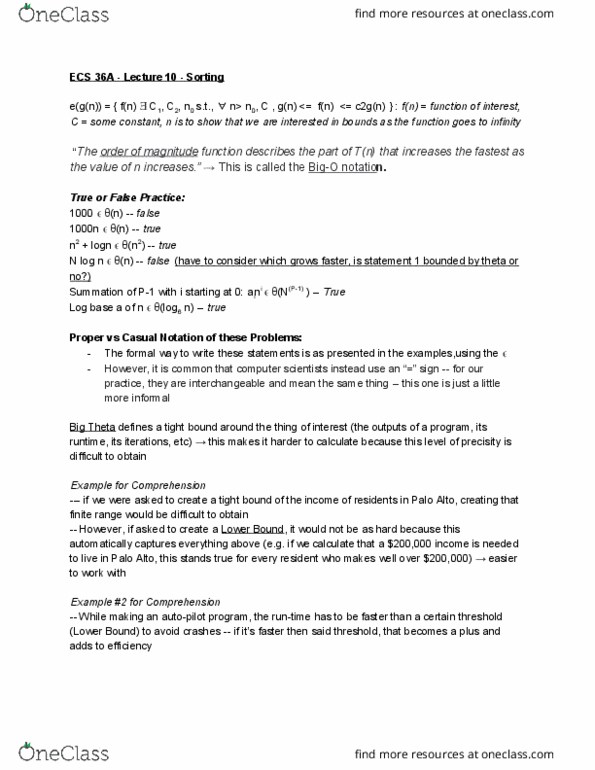 ECS 36A Lecture Notes - Lecture 10: Big O Notation, Big Two, Sorting Algorithm cover image