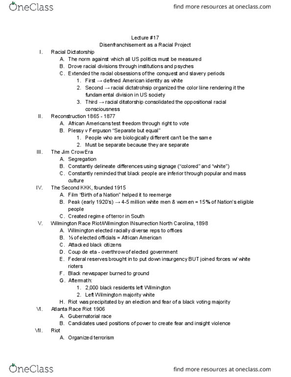 AFRICAM 27AC Lecture Notes - Lecture 17: Atlanta Race Riot, Black Nationalism, The Talented Tenth thumbnail