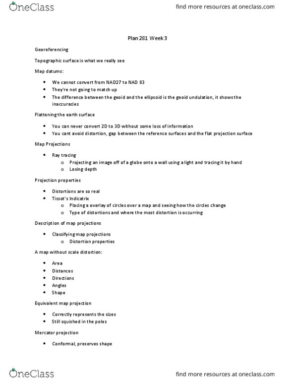 PLAN281 Lecture Notes - Lecture 3: Mercator Projection, Map Projection, Georeferencing thumbnail