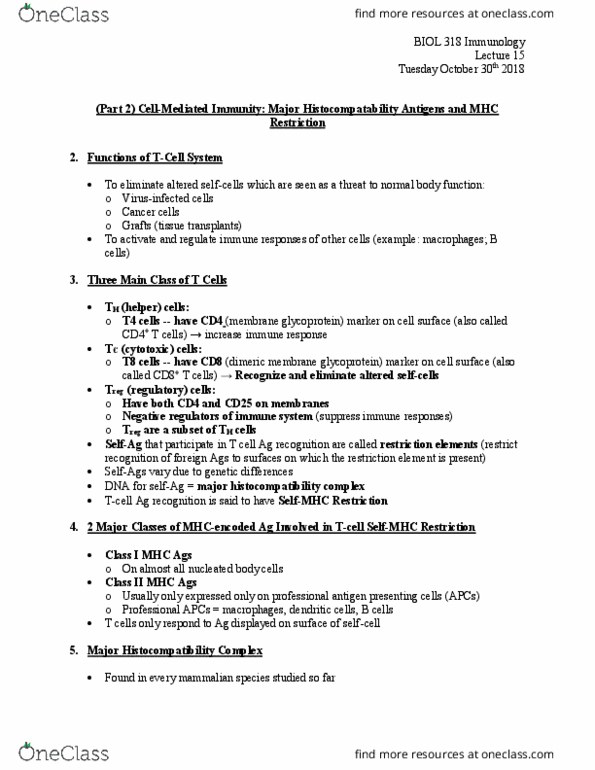 BIOL 318 Lecture Notes - Lecture 15: Histocompatibility, Il2Ra, Dendritic Cell thumbnail