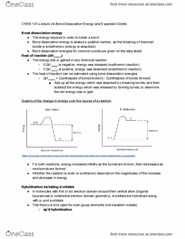 CHEM 101 Lecture Notes - Lecture 24: Bond-Dissociation Energy, Trigonal Bipyramidal Molecular Geometry, Endothermic Process cover image