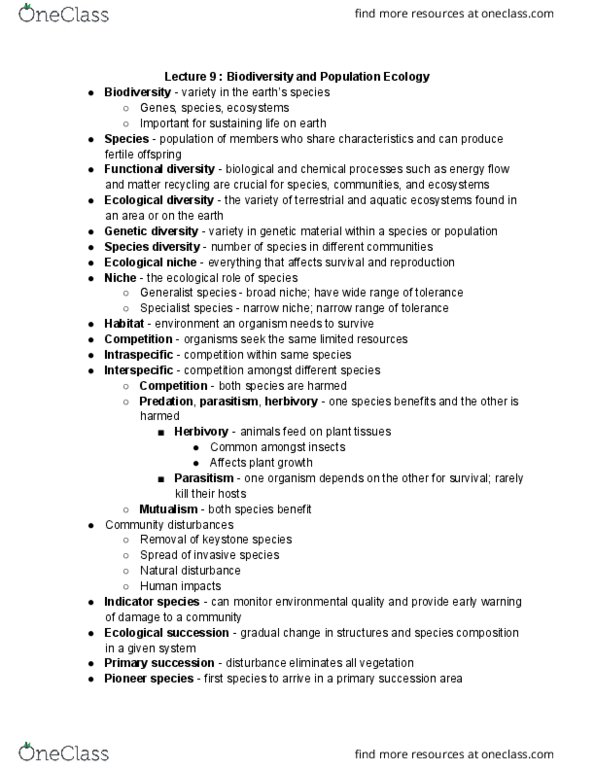 11:375:101 Lecture Notes - Lecture 9: Ecological Niche, Generalist And Specialist Species, Keystone Species thumbnail