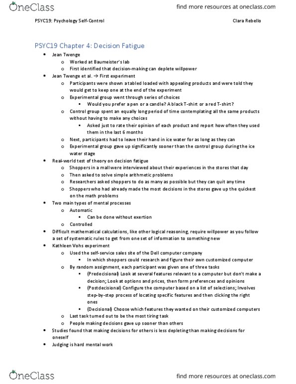 PSYC19H3 Chapter Notes - Chapter 4: Random Assignment, Decision-Making, Reward System thumbnail