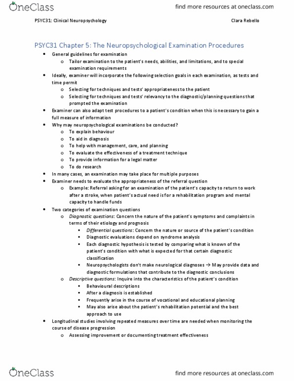 PSYC31H3 Chapter Notes - Chapter 5: Neuropsychological Test, Neuropsychological Assessment, Neuropsychology thumbnail