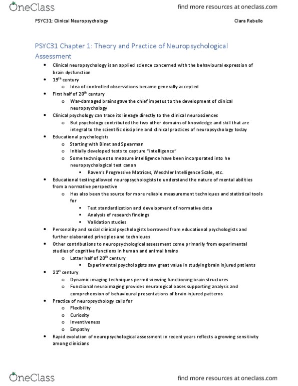 PSYC31H3 Chapter Notes - Chapter 1: Clinical Neuropsychology, Neuropsychological Assessment, Neuropsychological Test thumbnail