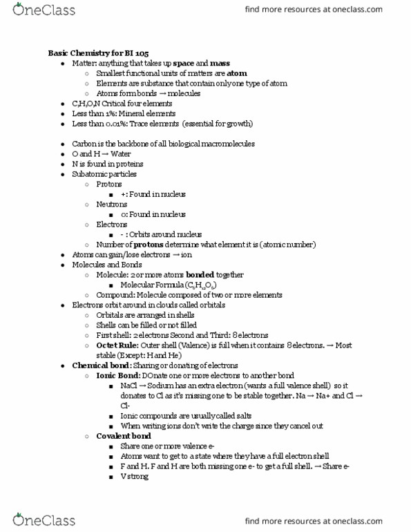 CAS BI 105 Lecture Notes - Lecture 2: Electron Shell, Covalent Bond, Atomic Number thumbnail