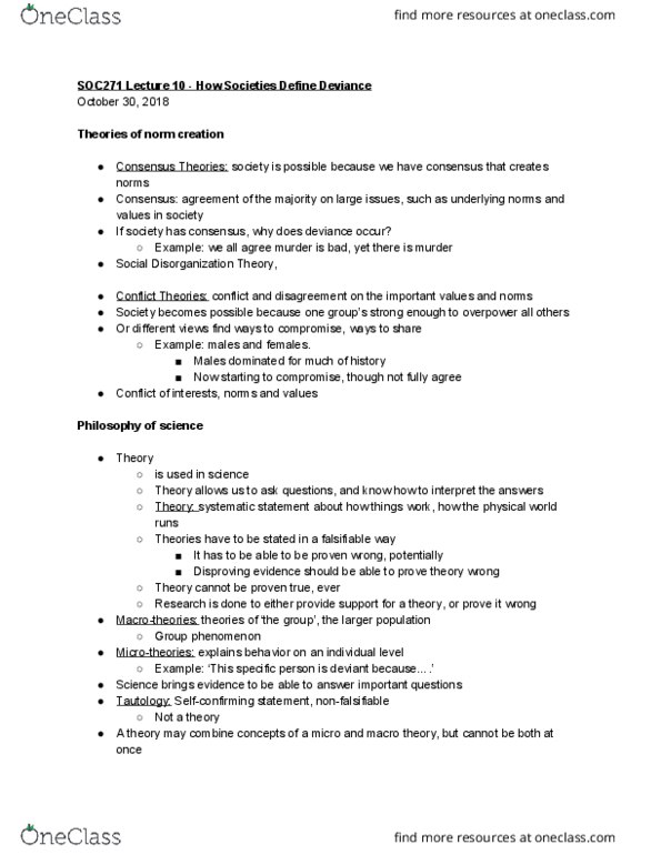 SOC 271 Lecture Notes - Lecture 10: Social Disorganization Theory, Falsifiability, Homicide cover image