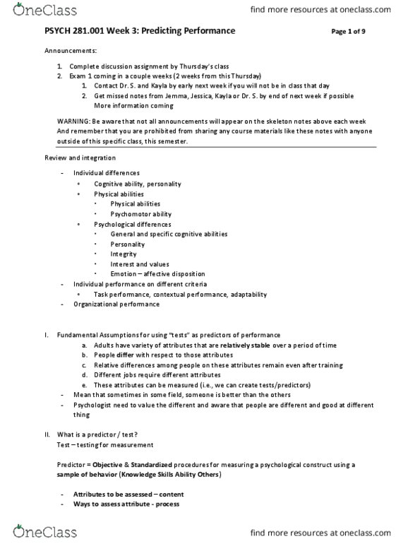 PSYCH 281 Lecture Notes - Lecture 3: Cognitive Test, Job Performance, Personality Test thumbnail