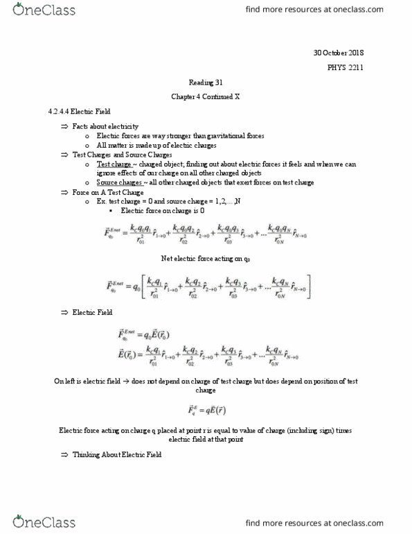 PHYS 2211 Chapter Notes - Chapter 4: Test Particle, Electric Field thumbnail