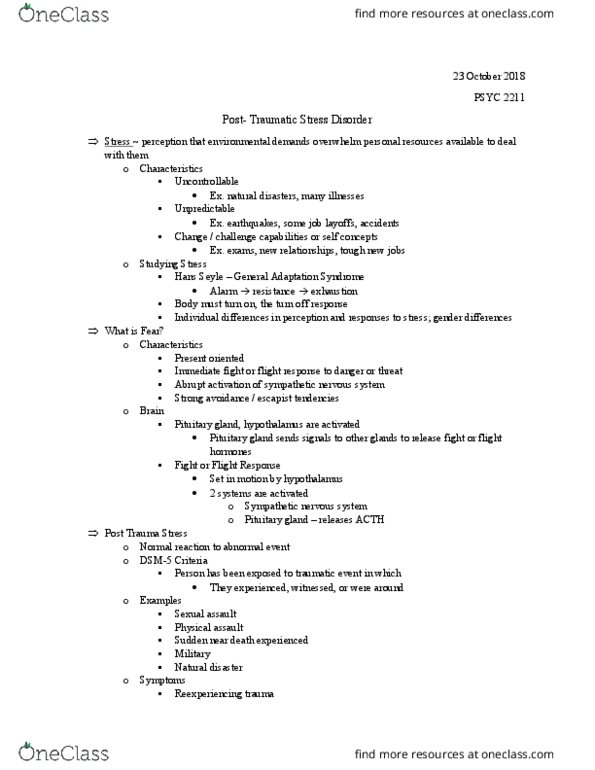 PSYC 2230 Lecture Notes - Lecture 14: Pituitary Gland, Sympathetic Nervous System, Sexual Assault thumbnail