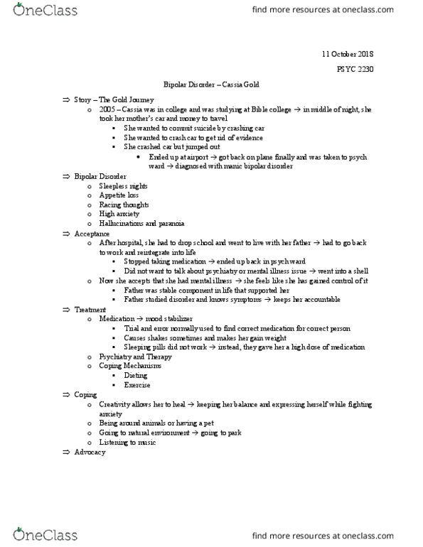PSYC 2230 Lecture Notes - Lecture 11: Bipolar Disorder, Racing Thoughts, Mood Stabilizer thumbnail