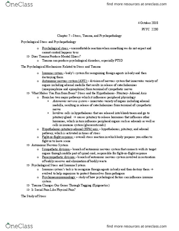 PSYC 2230 Chapter Notes - Chapter 7: Adrenal Medulla, Autonomic Nervous System, Psychological Stress thumbnail