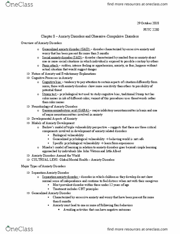 PSYC 2230 Chapter Notes - Chapter 8: Obsessive–Compulsive Disorder, Separation Anxiety Disorder, Generalized Anxiety Disorder thumbnail