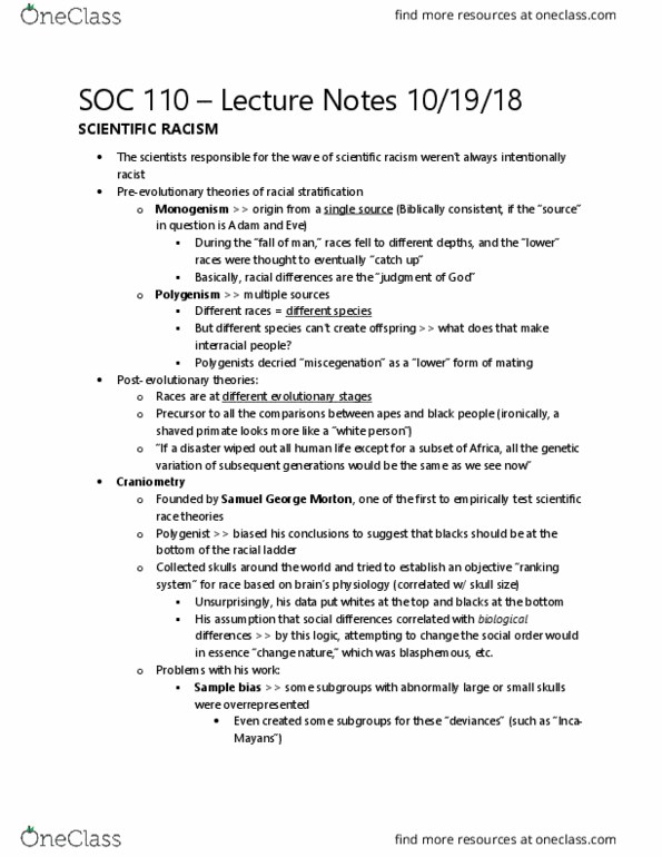 SOC 110 Lecture Notes - Lecture 11: Samuel George Morton, Scientific Racism, Polygenism thumbnail