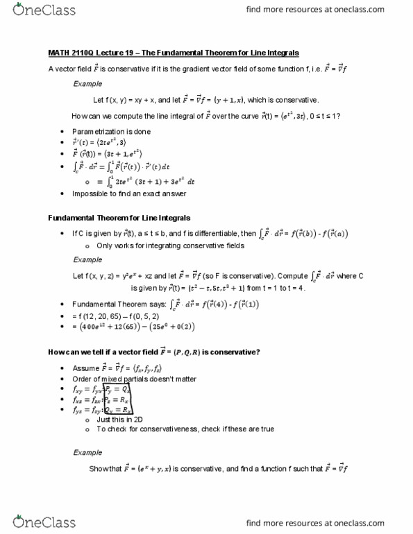 MATH 2110Q Lecture Notes - Lecture 19: Vector Field, Parametrization cover image
