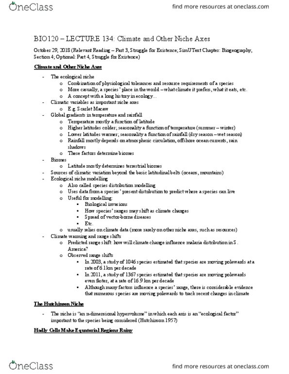 BIO120H1 Lecture Notes - Lecture 15: Scarlet Macaw, Ecological Niche, Invasive Species thumbnail