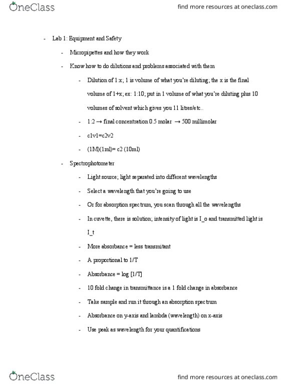 BIOLOGY 1AL Lecture Notes - Lecture 9: Cuvette, Transmittance, Absorbance thumbnail